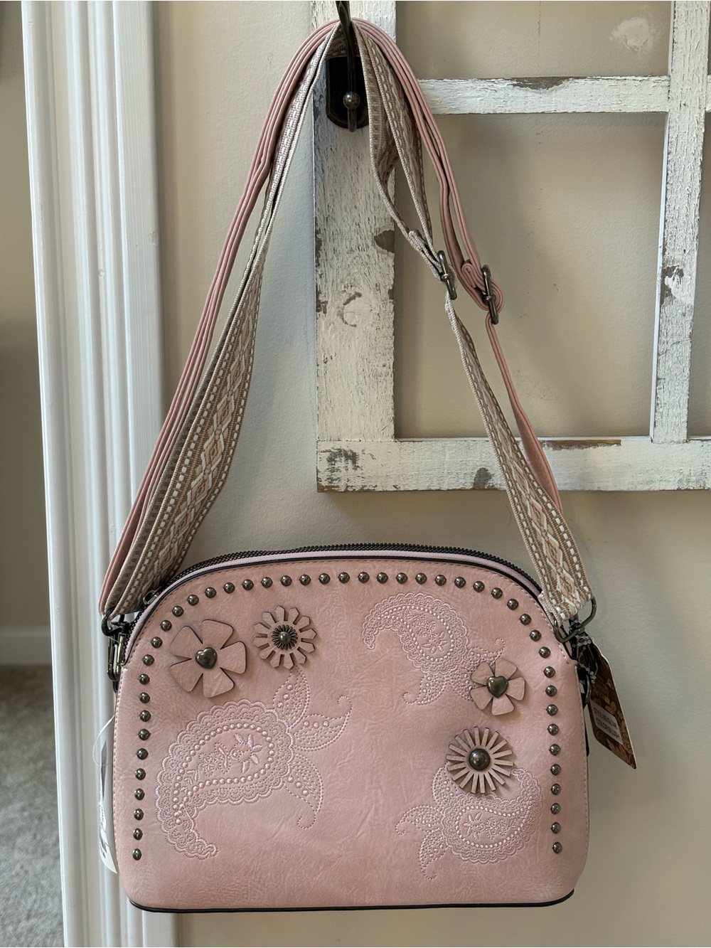 Blush Pink Floral Paisley Shoulder Bag with Stud Accents
